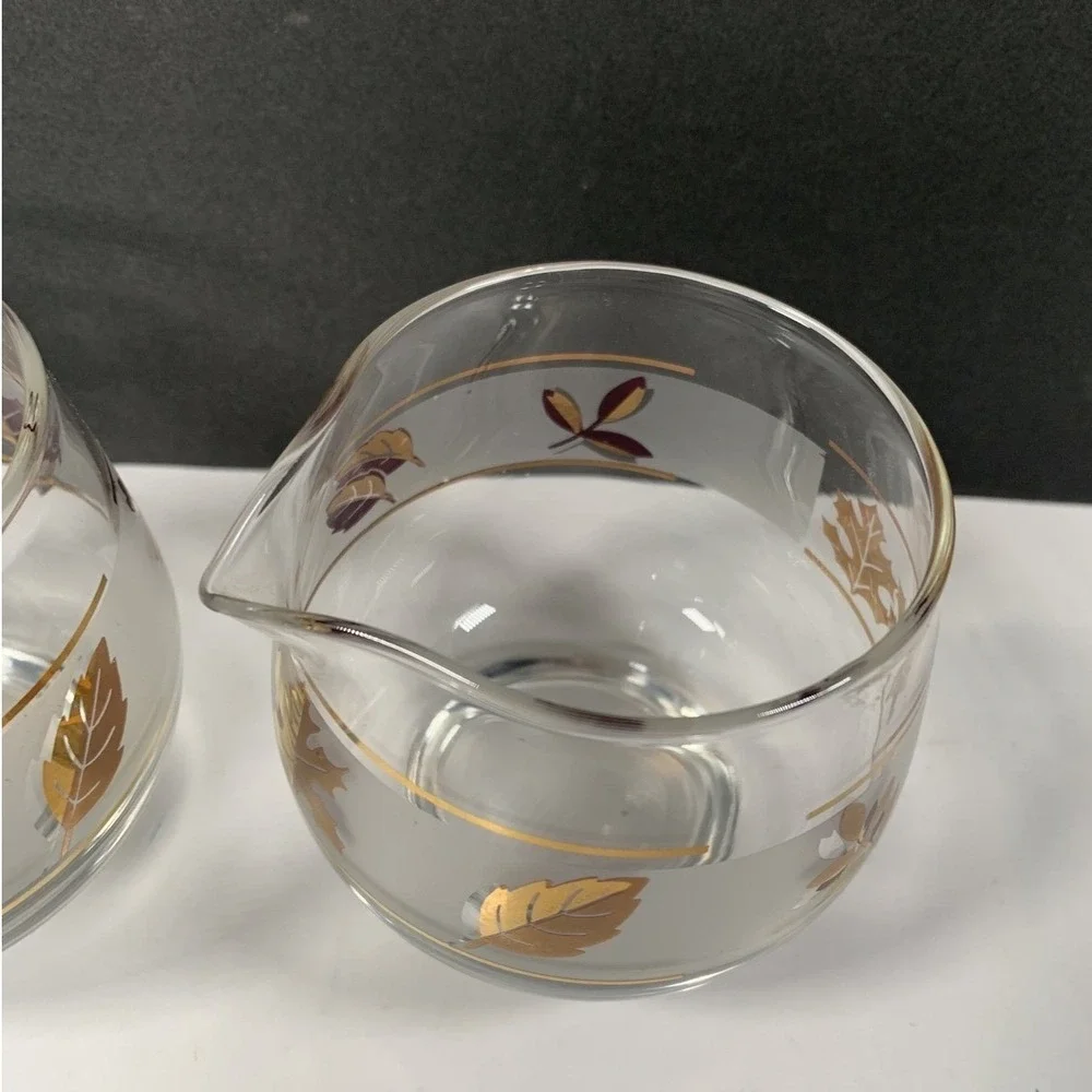 Libbey Glass Creamer Sugar Bowl Set Frosted Leaf Design Gold Trim Retro Vintage